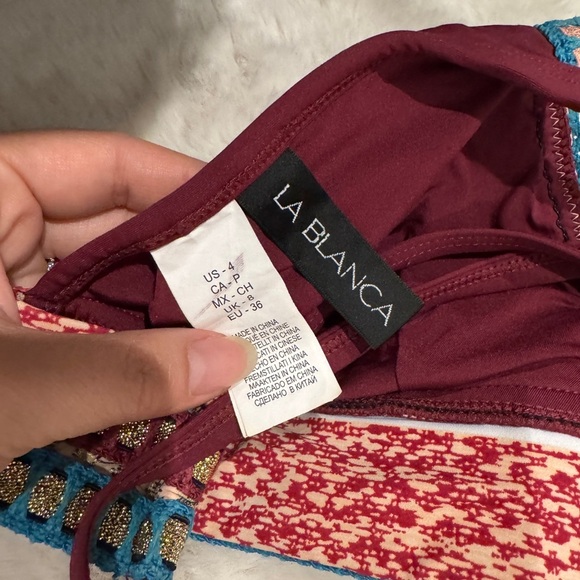 La Blanca swim top burgundy sz 4 patchwork design band - Picture 3 of 3